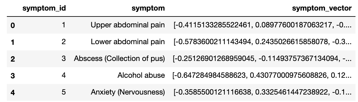 Figure 3: Example of symptom dataframe with symptom vectors